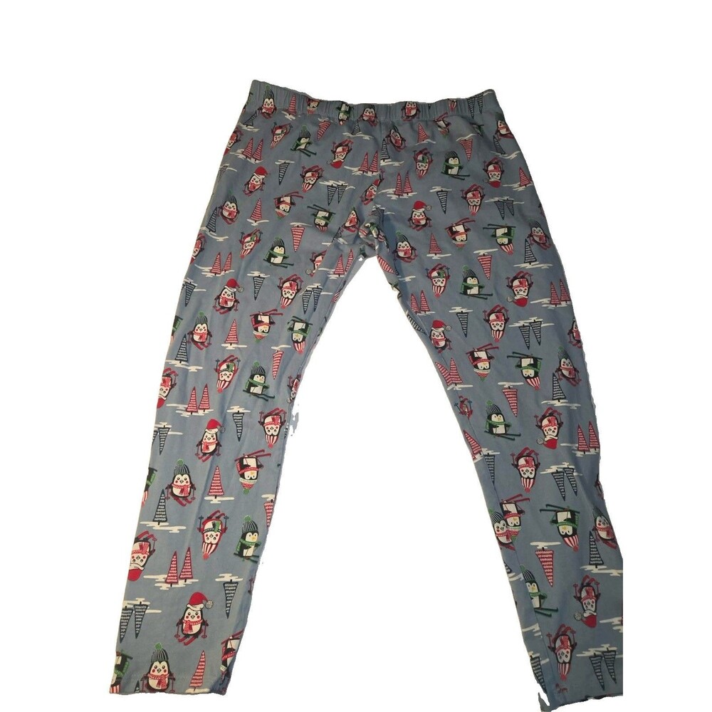 Junior Womens Blue Gray Skiing Penguin Christmas Holiday Leggings Pants XXL